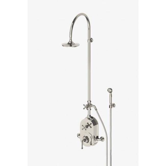 Russell HardwareWaterworksDash Exposed Thermostatic Shower System with 8'' Shower Head, Handshower, Metal Cross Diverter Handle, Metal Lever and Cross Handle in Dark Brass, 1.75gpm