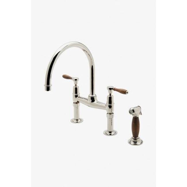 Russell HardwareWaterworksEaston Classic Two Hole Bridge Gooseneck Kitchen Faucet, Oak Lever Handles and Spray in Burnished Nickel
