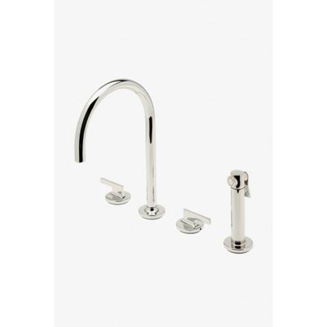 Russell HardwareWaterworksFormwork Three Hole Gooseneck Kitchen Faucet with Metal Lever Handles and Spray in Brass, 1.75gpm