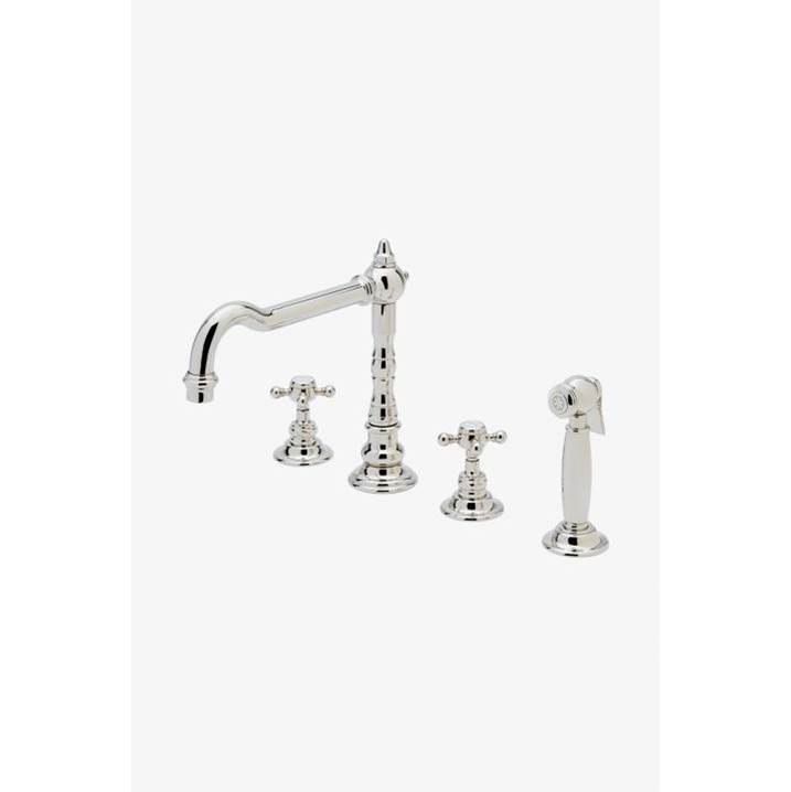 Russell HardwareWaterworksJulia Three Hole High Profile Kitchen Faucet, Metal Cross Handles and Spray in Brass